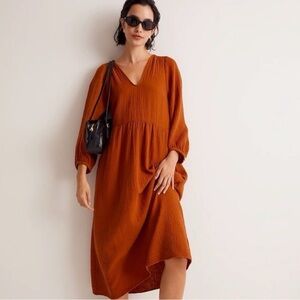 Madewell Lightspun Rust Burnt Orange Long Sleeve Maxi Linen V-Neck Dress